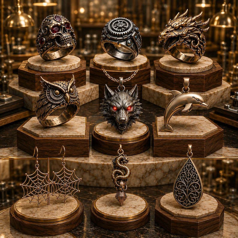 May include: A collection of jewelry pieces including rings, pendants, and earrings. Items feature designs such as a skull with red stones, a gear mechanism, a dragon head, an owl, a wolf with red eyes, a dolphin, a spider web, a snake, and a teardrop.