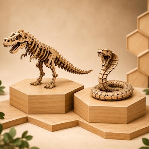 Op de afbeelding: Houten modellen van een dinosaurus en een cobra, tentoongesteld op zeshoekige houten platforms. Het skeletmodel van de T-Rex staat rechtop, terwijl de cobra opgerold is met zijn bek open. De modellen zijn gemaakt van lichtbruin hout.