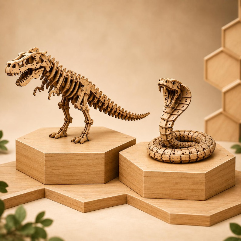 Op de afbeelding: Houten modellen van een dinosaurus en een cobra, tentoongesteld op zeshoekige houten platforms. Het skeletmodel van de T-Rex staat rechtop, terwijl de cobra opgerold is met zijn bek open. De modellen zijn gemaakt van lichtbruin hout.