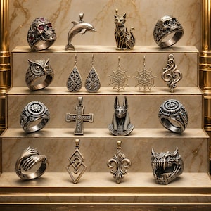 May include: A collection of sixteen metallic jewelry pieces including rings, pendants, and earrings arranged on a tiered display. Items feature designs such as skulls with red stones, a dolphin, a geometric cat, an owl, spiderwebs, a cross, Anubis, gears, hands, and a dragon head.
