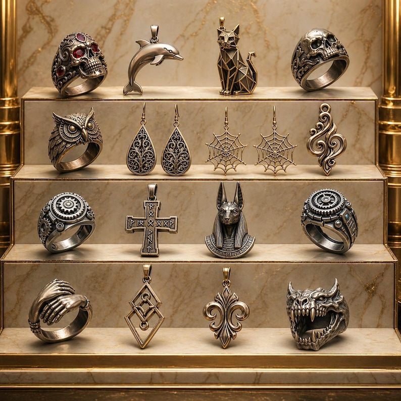 May include: A collection of sixteen metallic jewelry pieces including rings, pendants, and earrings arranged on a tiered display. Items feature designs such as skulls with red stones, a dolphin, a geometric cat, an owl, spiderwebs, a cross, Anubis, gears, hands, and a dragon head.