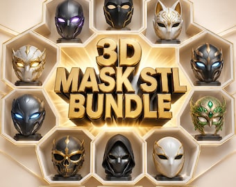 May include: A collection of eleven 3D masks in various designs, displayed in hexagonal compartments. The masks are in shades of black, gold, white, and green, with glowing accents. The text "3D MASK STL BUNDLE" is prominently featured.