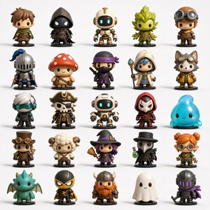 May include: A collection of twenty-five miniature figurines arranged in a grid, featuring diverse characters including knights, robots, fantasy creatures, a pirate, a wizard, a plague doctor, and a ghost, each standing on a small black circular base.