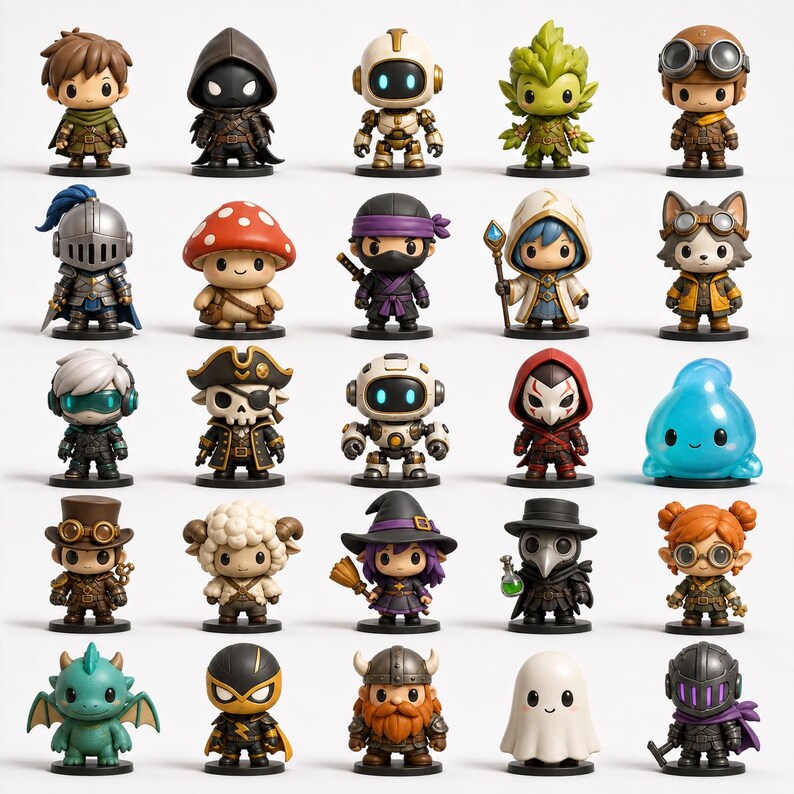 May include: A collection of twenty-five miniature figurines arranged in a grid, featuring diverse characters including knights, robots, fantasy creatures, a pirate, a wizard, a plague doctor, and a ghost, each standing on a small black circular base.