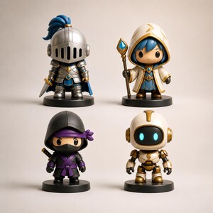 May include: Four stylized character figurines on black circular bases. Top left: a silver knight with a blue plume. Top right: a hooded mage holding a staff with a blue gem. Bottom left: a black-clad ninja with purple accents. Bottom right: a white and gold robot.