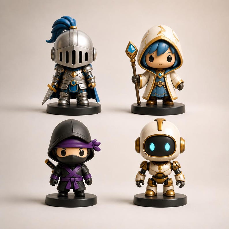 May include: Four stylized character figurines on black circular bases. Top left: a silver knight with a blue plume. Top right: a hooded mage holding a staff with a blue gem. Bottom left: a black-clad ninja with purple accents. Bottom right: a white and gold robot.