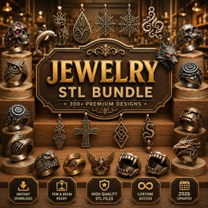 Puede incluir: Una colección digital de diseños de joyería imprimibles en 3D que incluye anillos y colgantes con motivos de calaveras, animales, cruces y patrones geométricos. El texto central dice JEWELRY STL BUNDLE 300+ PREMIUM DESIGNS, con iconos de descarga instantánea, compatibilidad con FDM y resina, archivos de alta calidad, acceso de por vida y una etiqueta de actualización 2026.