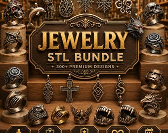 May include: A digital collection of 3D printable jewelry designs featuring rings and pendants with motifs including skulls, animals, crosses, and geometric patterns. The central text reads JEWELRY STL BUNDLE 300+ PREMIUM DESIGNS, with icons for instant download, FDM and resin compatibility, high quality files, lifetime access, and a 2026 update label.