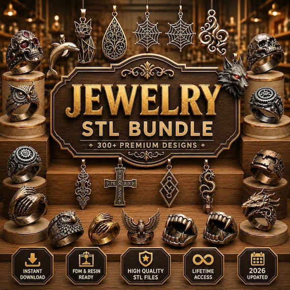 300+ Jewelry STL Bundle, Rings, Pendants, 3D Printing Models (Digital Download)