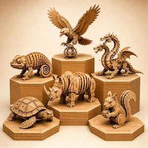 Op de afbeelding: Houten dierensculpturen, waaronder een adelaar, draak, kameleon, neushoorn, schildpad en eekhoorn. Elk dier wordt getoond op een houten zeshoekige sokkel. De adelaar zit op een globe. De draak heeft twee koppen.