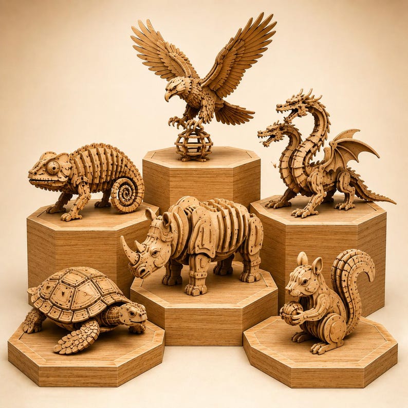 Op de afbeelding: Houten dierensculpturen, waaronder een adelaar, draak, kameleon, neushoorn, schildpad en eekhoorn. Elk dier wordt getoond op een houten zeshoekige sokkel. De adelaar zit op een globe. De draak heeft twee koppen.