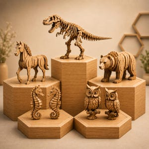 Op de afbeelding: Houten dierenfiguren, waaronder een T-Rex skelet, beer, paard, zeepaardjes en uilen, worden tentoongesteld op zeshoekige houten platforms. De figuren zijn gemaakt van lichtgekleurd hout en tonen gedetailleerde kenmerken.