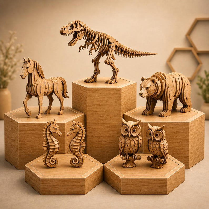 Op de afbeelding: Houten dierenfiguren, waaronder een T-Rex skelet, beer, paard, zeepaardjes en uilen, worden tentoongesteld op zeshoekige houten platforms. De figuren zijn gemaakt van lichtgekleurd hout en tonen gedetailleerde kenmerken.