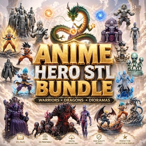 Puede incluir: Una colección digital de modelos de personajes imprimibles en 3D con varios guerreros, dragones y dioramas inspirados en el anime. El texto central dice ANIME HERO STL BUNDLE WARRIORS DRAGONS DIORAMAS. Incluye iconos para archivos STL, impresión 3D y descarga digital.