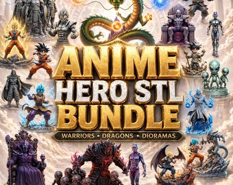 May include: A digital collection of 3D printable character models featuring various anime-inspired warriors, dragons, and dioramas. The central text reads ANIME HERO STL BUNDLE WARRIORS DRAGONS DIORAMAS. Includes icons for STL files, 3D printable, and digital download.