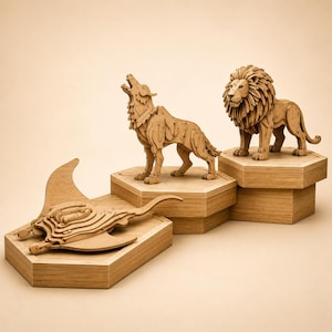 Op de afbeelding: Houten dierensculpturen van een huilende wolf, een staande leeuw en een manta rog, elk op een zeshoekige houten basis. De sculpturen zijn lichtbruin en lijken gemaakt van gelaagd hout. Natuurlijke houten afwerking.