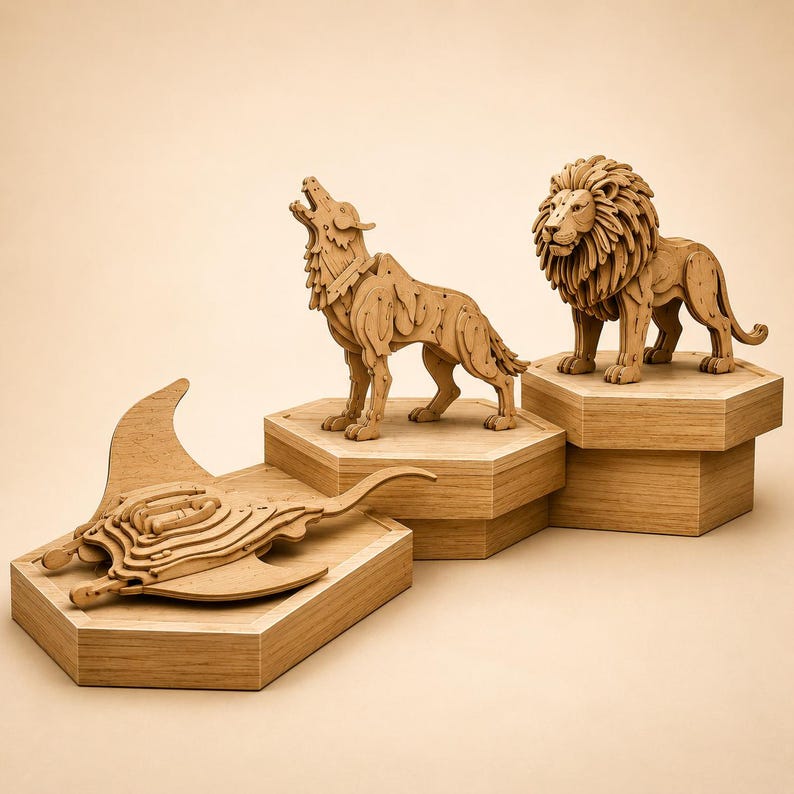 Op de afbeelding: Houten dierensculpturen van een huilende wolf, een staande leeuw en een manta rog, elk op een zeshoekige houten basis. De sculpturen zijn lichtbruin en lijken gemaakt van gelaagd hout. Natuurlijke houten afwerking.