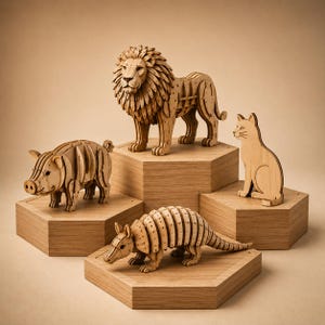 Op de afbeelding: Houten dierenfiguren van een leeuw, kat, varken en gordeldier worden getoond op zeshoekige houten platforms. De leeuw staat rechtop, terwijl de kat zit. Het varken en het gordeldier staan op lagere platforms. De figuren zijn gemaakt van lichtbruin hout.
