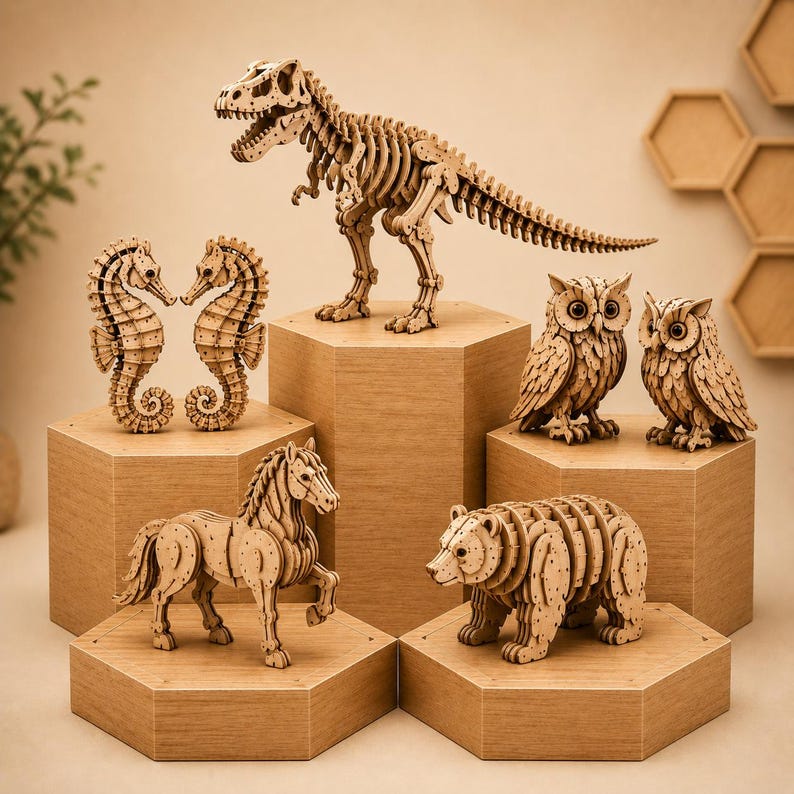 Op de afbeelding: Houten dierenpuzzels, waaronder een Tyrannosaurus Rex, zeepaardjes, uilen, een paard en een beer. De puzzels worden gepresenteerd op houten zeshoekige platforms. De dieren zijn gemaakt van in elkaar grijpende houten stukken.
