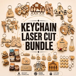 Könnte beinhalten: Eine Sammlung von lasergeschnittenen Holzschlüsselanhängern in verschiedenen Formen, darunter Häuser, Herzen, Tiere und Schlüsseldesigns. Die Schlüsselanhänger sind um den Text "KEYCHAIN LASER CUT BUNDLE" angeordnet. Einige Schlüsselanhänger haben Texte wie "Home" und "Best Friends".