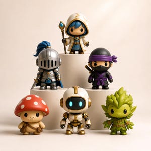 May include: A collection of six stylized character figurines including a hooded mage with a staff, a silver knight in armor, a purple-clad ninja, a red mushroom creature, a white robot with glowing blue eyes, and a green leafy forest spirit.