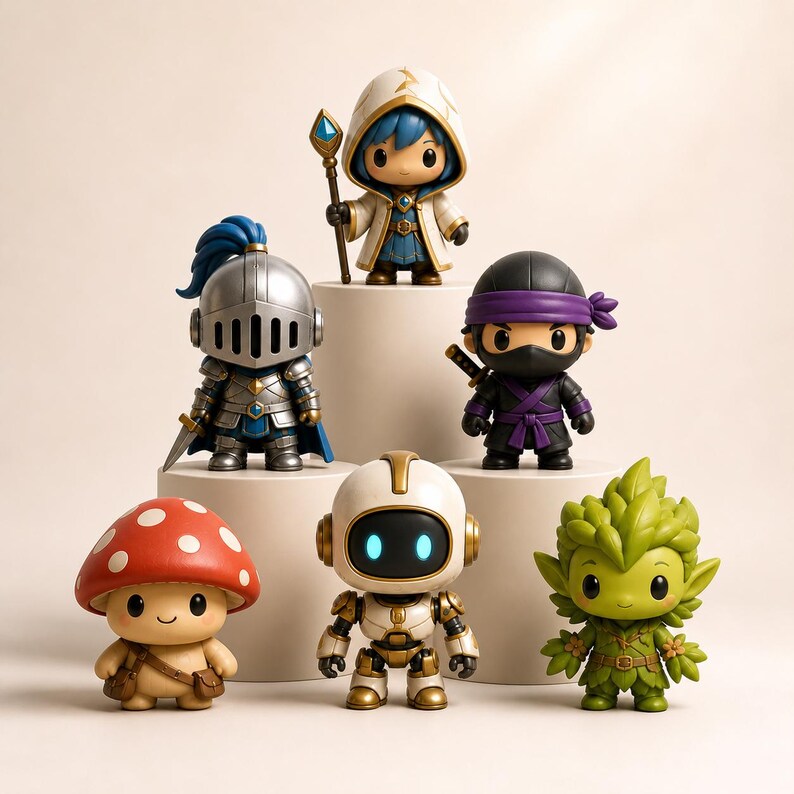 May include: A collection of six stylized character figurines including a hooded mage with a staff, a silver knight in armor, a purple-clad ninja, a red mushroom creature, a white robot with glowing blue eyes, and a green leafy forest spirit.