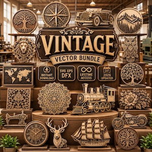 Può includere: Una collezione di disegni in legno tagliati al laser che include una bussola, un'auto d'epoca, un paesaggio montano, un leone, un gufo, una mappa del mondo, un mandala, un treno a vapore, una macchina da cucire, un cervo, un veliero, una moto e un orologio con il testo VINTAGE VECTOR BUNDLE.