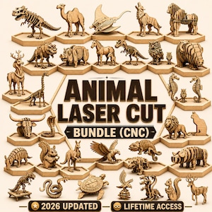 Op de afbeelding: Een verzameling lasergesneden houten dierenfiguren, waaronder een kameel, een leeuw en een dinosaurus, gerangschikt op zeshoekige platforms. De tekst "ANIMAL LASER CUT BUNDLE (CNC)" is prominent aanwezig. De afbeelding bevat ook de tekst "2026 UPDATED" en "LIFETIME ACCESS".