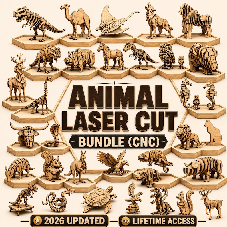 Op de afbeelding: Een verzameling lasergesneden houten dierenfiguren, waaronder een kameel, een leeuw en een dinosaurus, gerangschikt op zeshoekige platforms. De tekst "ANIMAL LASER CUT BUNDLE (CNC)" is prominent aanwezig. De afbeelding bevat ook de tekst "2026 UPDATED" en "LIFETIME ACCESS".