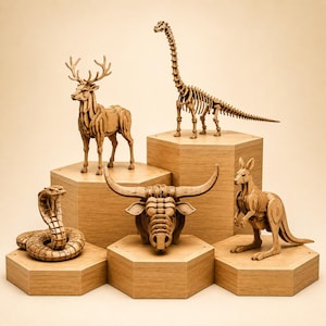 Op de afbeelding: Houten dierensculpturen, waaronder een hert, een dinosaurus skelet, een stier, een kangoeroe en een slang, worden gepresenteerd op zeshoekige houten platforms. De gedetailleerde sculpturen benadrukken de natuurlijke houtnerf.