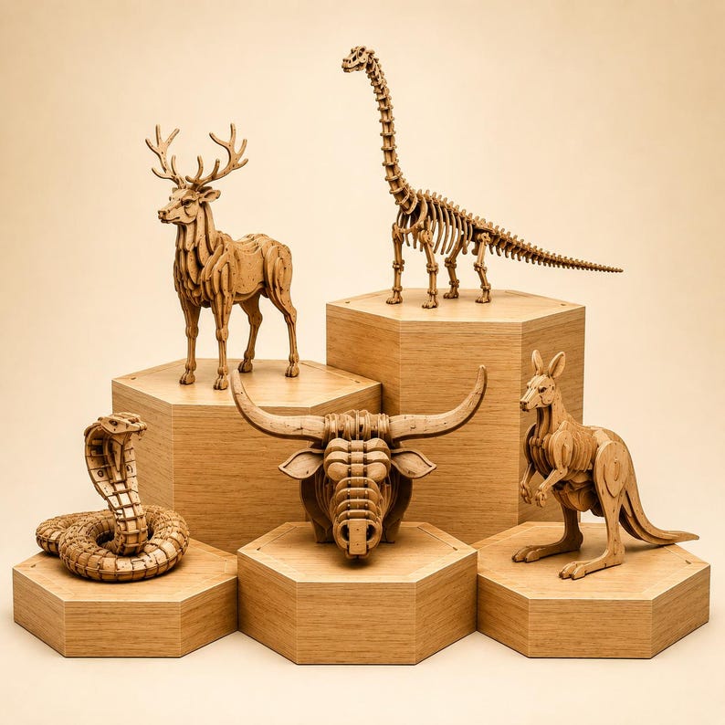 Op de afbeelding: Houten dierensculpturen, waaronder een hert, een dinosaurus skelet, een stier, een kangoeroe en een slang, worden gepresenteerd op zeshoekige houten platforms. De gedetailleerde sculpturen benadrukken de natuurlijke houtnerf.