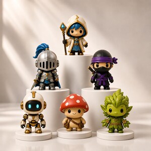 May include: A collection of six small character figurines including a hooded mage with a staff, a silver knight with a blue plume, a purple ninja, a white robot with glowing blue eyes, a red mushroom creature, and a green leafy forest spirit.