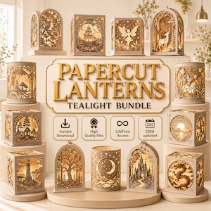 Op de afbeelding: Een collectie decoratieve papieren lantaarns met ingewikkelde lasergesneden ontwerpen, waaronder een schip, fee, hert, vuurtoren, kasteel en draak. De centrale tekst luidt PAPERCUT LANTERNS TEALIGHT BUNDLE met iconen voor directe download.