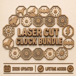 Puede incluir: Una colección de relojes y elementos decorativos de madera cortados con láser. Los relojes presentan varios diseños, incluyendo animales, patrones florales y esferas de reloj. El texto "LASER CUT CLOCK BUNDLE" es visible. La imagen también incluye el texto "2026 UPDATED" y "LIFETIME ACCESS".