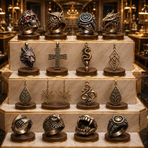 May include: A collection of sixteen metal rings and pendants displayed on tiered stands. The items feature intricate designs including a skull with red stones, an owl, a gear, a dragon, a wolf head, a cross with runes, a coiled serpent, and spider webs.