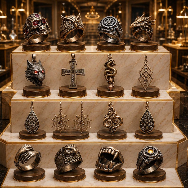 May include: A collection of sixteen metal rings and pendants displayed on tiered stands. The items feature intricate designs including a skull with red stones, an owl, a gear, a dragon, a wolf head, a cross with runes, a coiled serpent, and spider webs.