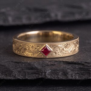 4mm Cosmic Wave Wedding Band Lab Grown Ruby Engraved Ring Solid Gold Celestial Star Ring Kite Set Gemstone Vintage Milgrain Anniversary