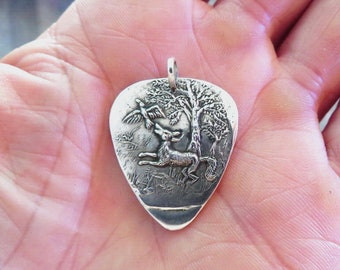 Sterling silver Guitar Plectrum Pendant Aesop's Fable or kookaburra unique handmade