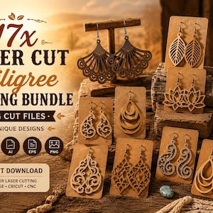 May include: A collection of 17 laser cut filigree wooden earrings displayed on brown cardstock. The text reads 17x LASER CUT Filigree EARRING BUNDLE, SVG CUT FILES, 17 UNIQUE DESIGNS, and INSTANT DOWNLOAD. The earrings feature various intricate patterns.