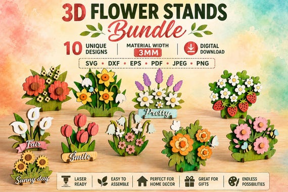 3D Flower Stands SVG Bundle | Laser Cut Flower Planter Files | Wooden Floral Shelf Decor | Glowforge xTool Cricut | 3mm MDF SVG Bundle