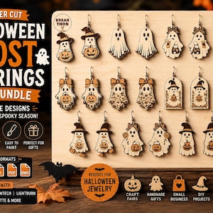 May include: A collection of laser-cut wooden ghost earrings displayed on a light wood board. The designs feature various ghosts, some wearing hats or bows and holding pumpkins or candy. Text on the image includes LASER CUT HALLOWEEN GHOST EARRINGS SVG BUNDLE, 20+ CUTE DESIGNS, and various file formats like SVG, DXF, EPS, AI, PDF, and DWG.