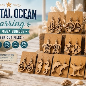 May include: A collection of laser-cut wooden earrings featuring coastal and ocean-themed shapes like sea turtles, crabs, seahorses, dolphins, shells, and mermaid tails, displayed on brown cardboard cards with text reading COASTAL OCEAN Earring SVG MEGA BUNDLE.