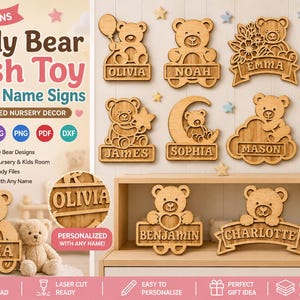Teddy Bear Plush Toy Nursery Name Signs SVG Bundle | Baby Name Sign Laser Cut Files | Nursery Wall Decor | AI EPS Svg Png Pdf Dxf Glowforge