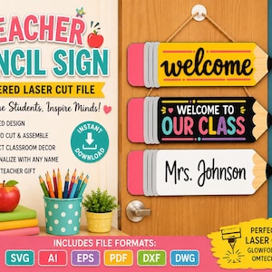 May include: A set of three hanging wooden signs shaped like pencils, featuring the text "welcome", "WELCOME TO OUR CLASS", and "Mrs. Johnson". The signs are layered, with pink erasers, grey ferrules, yellow, black, and white bodies, and black tips.