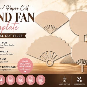 Op de afbeelding: Een digitaal sjabloon voor laser- en papiersnij-handwaaiers met verschillende waaiervormen, waaronder halfronde en cirkelvormige ontwerpen. De afbeelding toont tekst, waaronder Laser / Paper Cut HAND FAN Template DIGITAL CUT FILES.