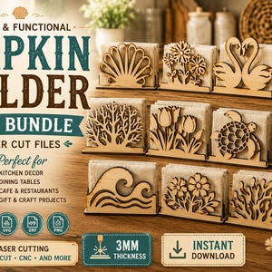 May include: A digital bundle of 11 laser-cut napkin holder designs featuring various motifs like shells, flowers, swans, turtles, and waves. The files are 3mm thick and compatible with Glowforge, Cricut, and CNC machines for instant download.