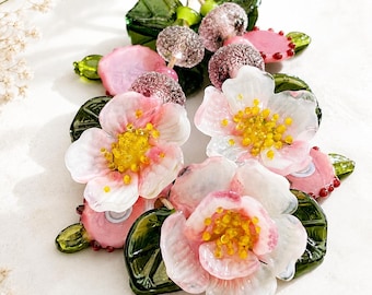 Lampwork Glass Pink Flower Beads Supplies for Jewelry Making, DIY flowers Kit