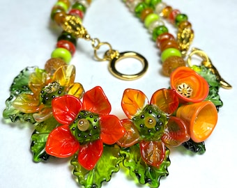 Handmade Lampwork Glass Floral Necklace, Orange Green Bouquet