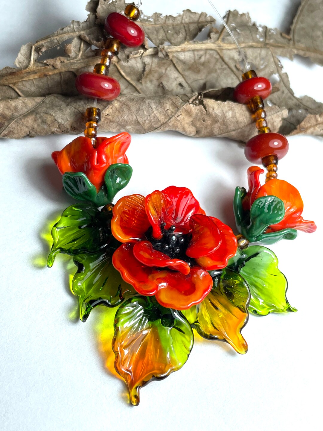 Lampwork Glass Hot Red Spring Flower Beads Supplies for Jewelry Making