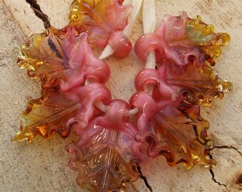 Lampwork Glass Leaf Beads, Autumn Jewelry Making, Set of 7